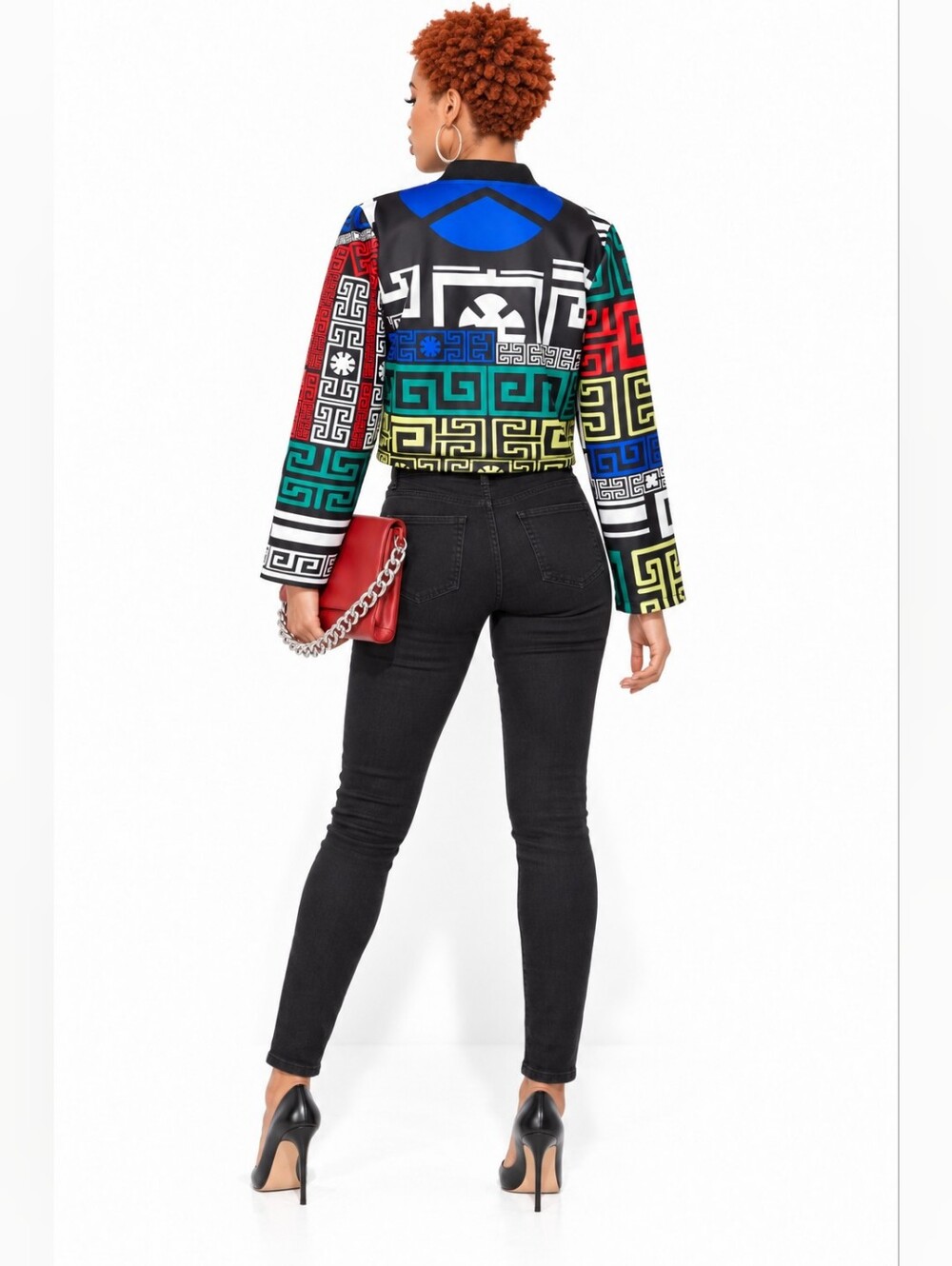 Multicolor Greek Key Geometric Print Cropped Zip-Front Jacket - Picture 4 of 8